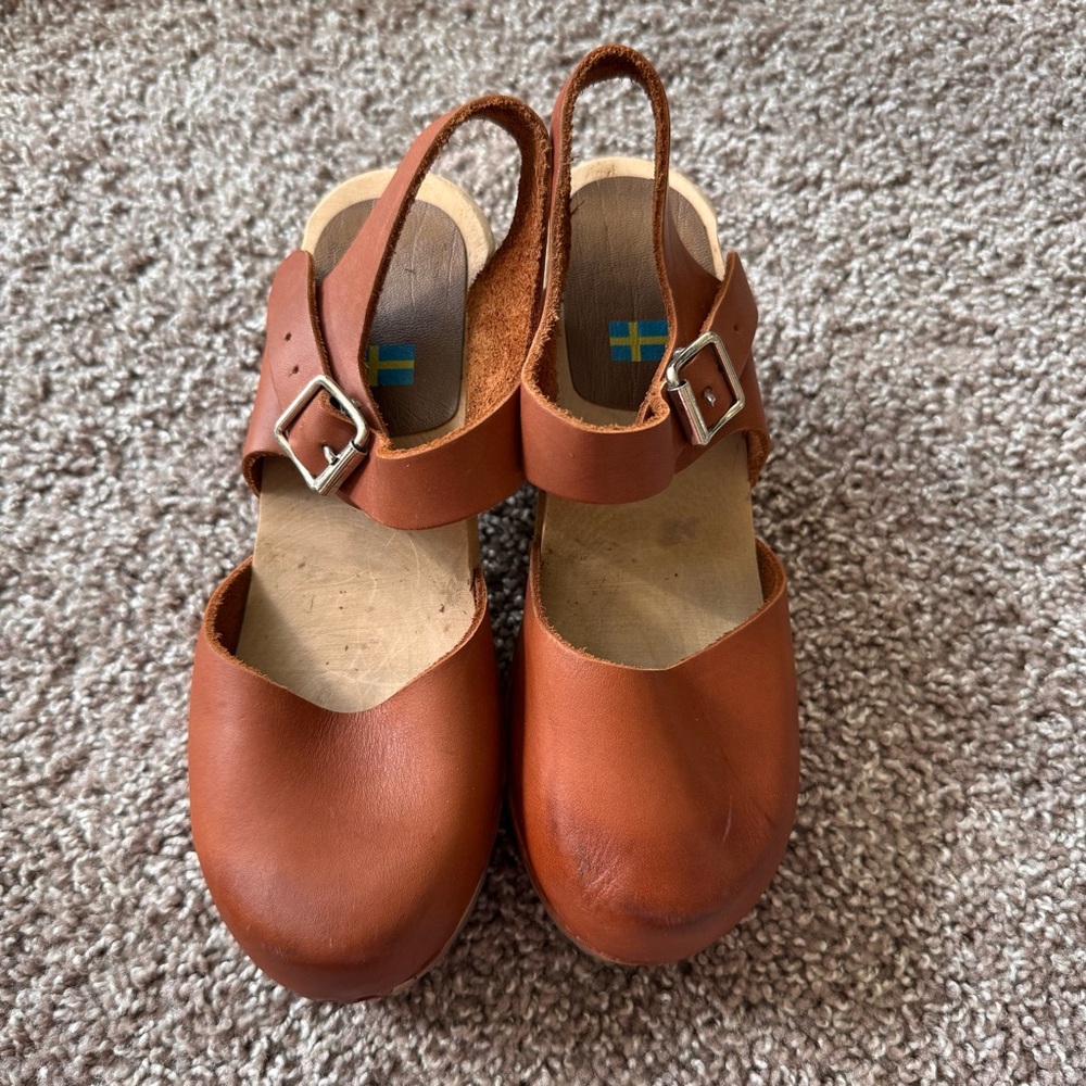 MIA Brown Leather Abba Clogs Size 36 US 6 Luggage Swedish 70’s Hippie Boho - Picture 3 of 11
